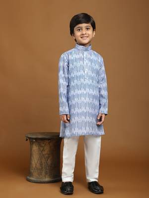 Blue Blue Floral Cotton Jacquard Kurta Pajama Set for Boys Ethnic Wear 5
