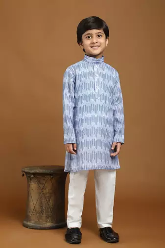 Blue Blue Floral Cotton Jacquard Kurta Pajama Set for Boys Ethnic Wear