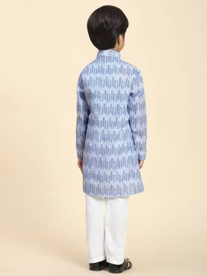 Blue Blue Floral Cotton Jacquard Kurta Pajama Set for Boys Ethnic Wear 6