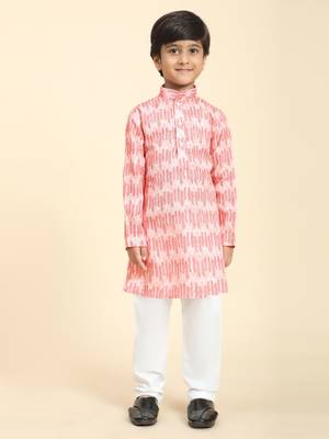 Pink Floral Cotton Jacquard Kurta Pajama Set for Boys Ethnic Wear 2