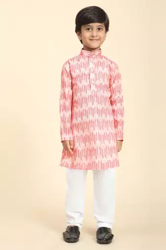 Pink Floral Cotton Jacquard Kurta Pajama Set for Boys Ethnic Wear