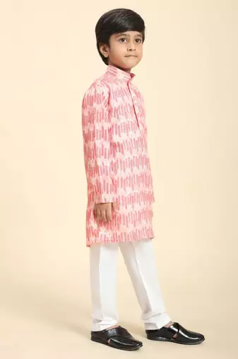 Pink Floral Cotton Jacquard Kurta Pajama Set for Boys Ethnic Wear