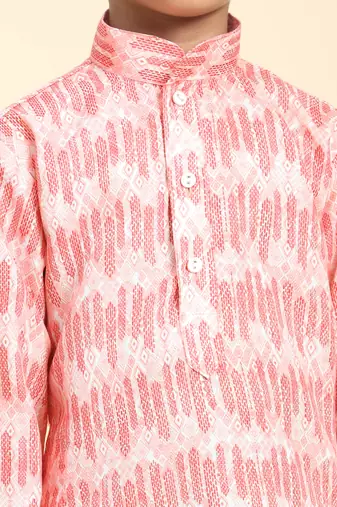 Pink Floral Cotton Jacquard Kurta Pajama Set for Boys Ethnic Wear