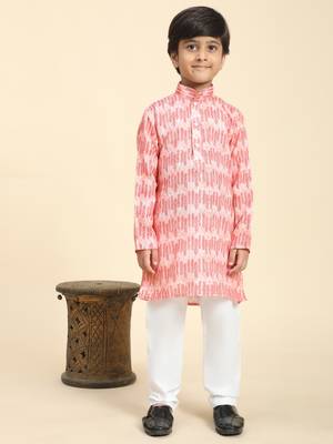 Pink Floral Cotton Jacquard Kurta Pajama Set for Boys Ethnic Wear 6