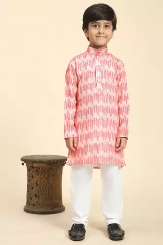 Pink Floral Cotton Jacquard Kurta Pajama Set for Boys Ethnic Wear