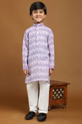 Purple Floral Cotton Jacquard Kurta Pajama Set for Boys Ethnic Wear