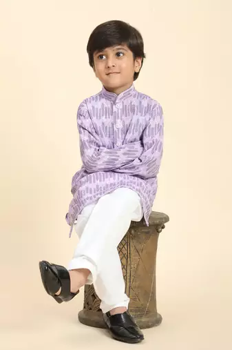 Purple Floral Cotton Jacquard Kurta Pajama Set for Boys Ethnic Wear