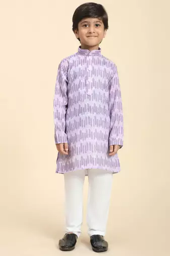 Purple Floral Cotton Jacquard Kurta Pajama Set for Boys Ethnic Wear
