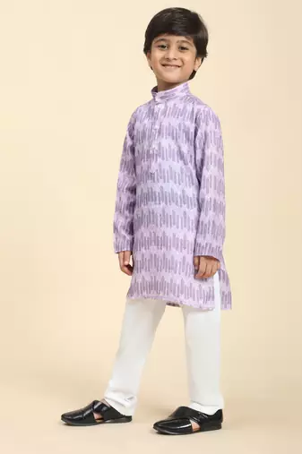 Purple Floral Cotton Jacquard Kurta Pajama Set for Boys Ethnic Wear