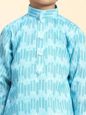 Firozi Floral Cotton Jacquard Kurta Pajama Set for Boys Ethnic Wear 1