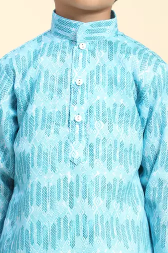 Firozi Floral Cotton Jacquard Kurta Pajama Set for Boys Ethnic Wear