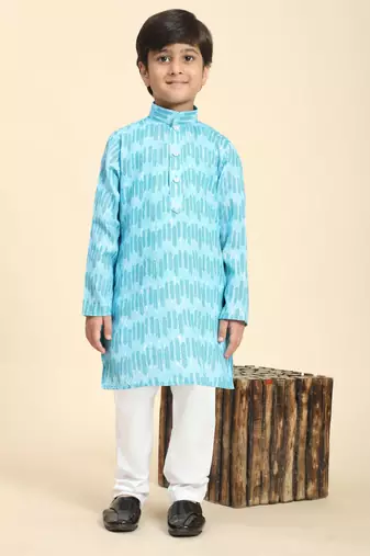 Firozi Floral Cotton Jacquard Kurta Pajama Set for Boys Ethnic Wear