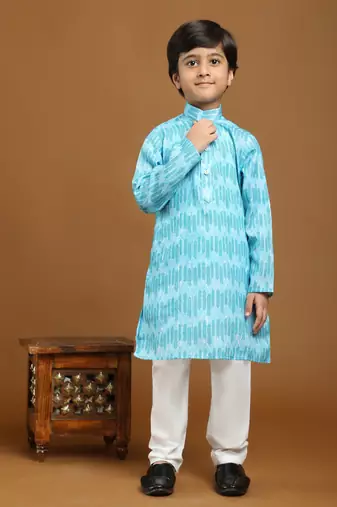 Firozi Floral Cotton Jacquard Kurta Pajama Set for Boys Ethnic Wear