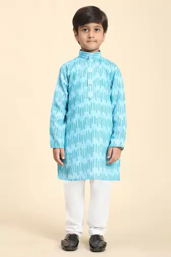 Firozi Floral Cotton Jacquard Kurta Pajama Set for Boys Ethnic Wear