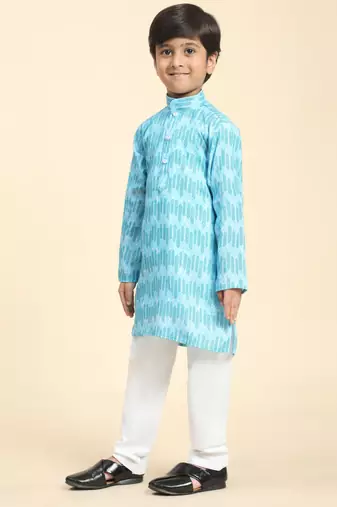 Firozi Floral Cotton Jacquard Kurta Pajama Set for Boys Ethnic Wear