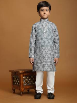 Grey Printed Cotton Jacquard Kurta Pajama Set for Boys Ethnic Wear 1