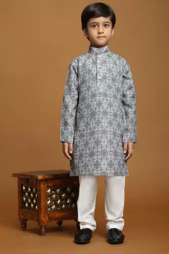 Grey Printed Cotton Jacquard Kurta Pajama Set for Boys Ethnic Wear