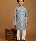 Grey Printed Cotton Jacquard Kurta Pajama Set for Boys Ethnic Wear