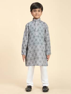 Grey Printed Cotton Jacquard Kurta Pajama Set for Boys Ethnic Wear 2