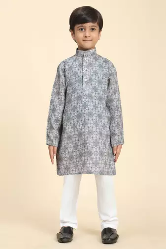 Grey Printed Cotton Jacquard Kurta Pajama Set for Boys Ethnic Wear
