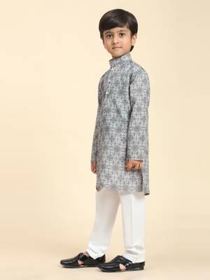 Grey Printed Cotton Jacquard Kurta Pajama Set for Boys Ethnic Wear 3