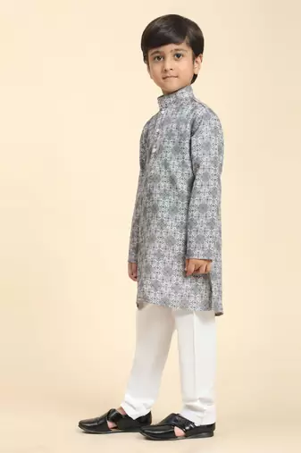 Grey Printed Cotton Jacquard Kurta Pajama Set for Boys Ethnic Wear