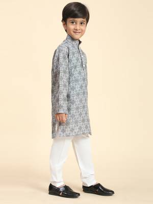 Grey Printed Cotton Jacquard Kurta Pajama Set for Boys Ethnic Wear 4