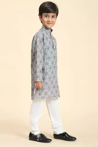 Grey Printed Cotton Jacquard Kurta Pajama Set for Boys Ethnic Wear
