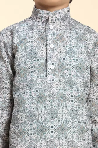 Grey Printed Cotton Jacquard Kurta Pajama Set for Boys Ethnic Wear