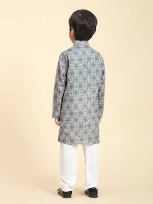 Grey Printed Cotton Jacquard Kurta Pajama Set for Boys Ethnic Wear 6