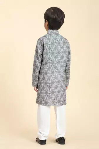 Grey Printed Cotton Jacquard Kurta Pajama Set for Boys Ethnic Wear