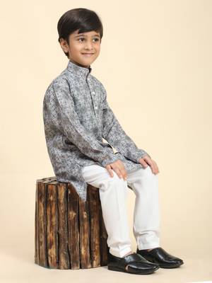 Grey Printed Cotton Jacquard Kurta Pajama Set for Boys Ethnic Wear 7
