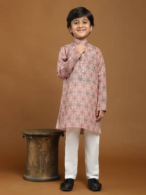 Pink Printed Cotton Jacquard Kurta Pajama Set for Boys Ethnic Wear 1