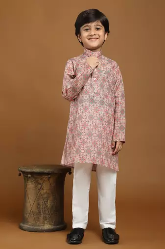 Pink Printed Cotton Jacquard Kurta Pajama Set for Boys Ethnic Wear