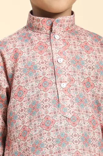 Pink Printed Cotton Jacquard Kurta Pajama Set for Boys Ethnic Wear
