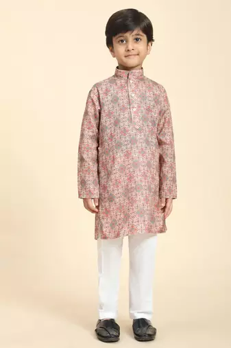 Pink Printed Cotton Jacquard Kurta Pajama Set for Boys Ethnic Wear