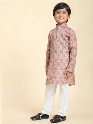 Pink Printed Cotton Jacquard Kurta Pajama Set for Boys Ethnic Wear 4