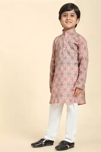 Pink Printed Cotton Jacquard Kurta Pajama Set for Boys Ethnic Wear