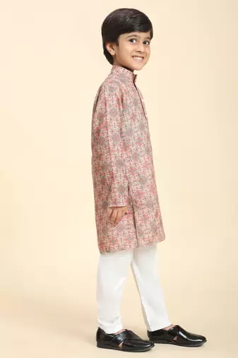 Pink Printed Cotton Jacquard Kurta Pajama Set for Boys Ethnic Wear