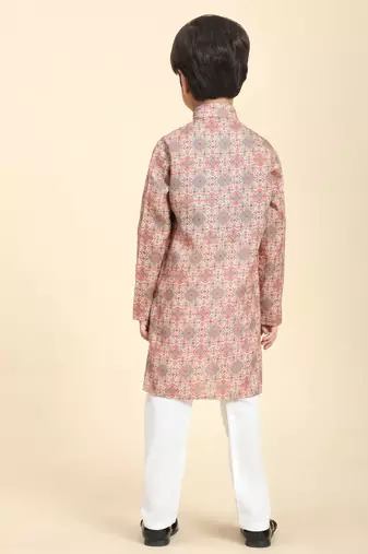 Pink Printed Cotton Jacquard Kurta Pajama Set for Boys Ethnic Wear