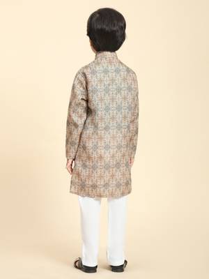 Brown Printed Cotton Jacquard Kurta Pajama Set for Boys Ethnic Wear 2