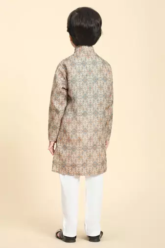 Brown Printed Cotton Jacquard Kurta Pajama Set for Boys Ethnic Wear