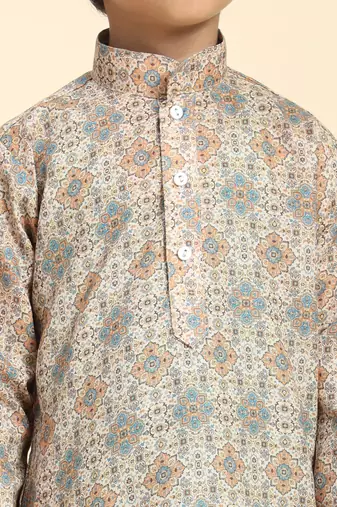 Brown Printed Cotton Jacquard Kurta Pajama Set for Boys Ethnic Wear