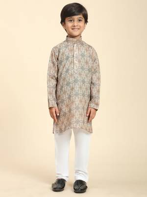 Brown Printed Cotton Jacquard Kurta Pajama Set for Boys Ethnic Wear 4