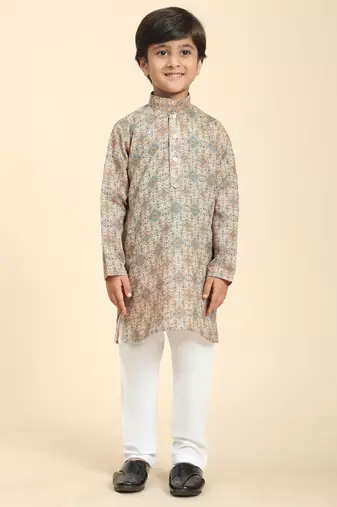 Brown Printed Cotton Jacquard Kurta Pajama Set for Boys Ethnic Wear