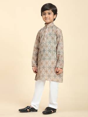 Brown Printed Cotton Jacquard Kurta Pajama Set for Boys Ethnic Wear 1