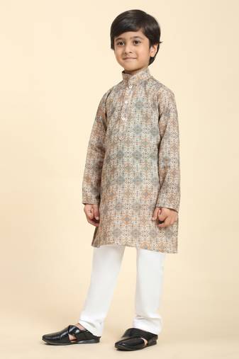 Brown Printed Cotton Jacquard Kurta Pajama Set for Boys Ethnic Wear