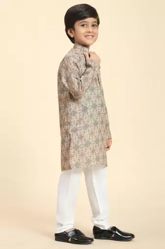 Brown Printed Cotton Jacquard Kurta Pajama Set for Boys Ethnic Wear