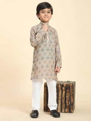 Brown Printed Cotton Jacquard Kurta Pajama Set for Boys Ethnic Wear 6
