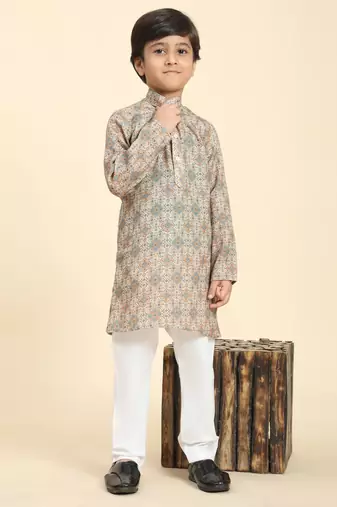Brown Printed Cotton Jacquard Kurta Pajama Set for Boys Ethnic Wear